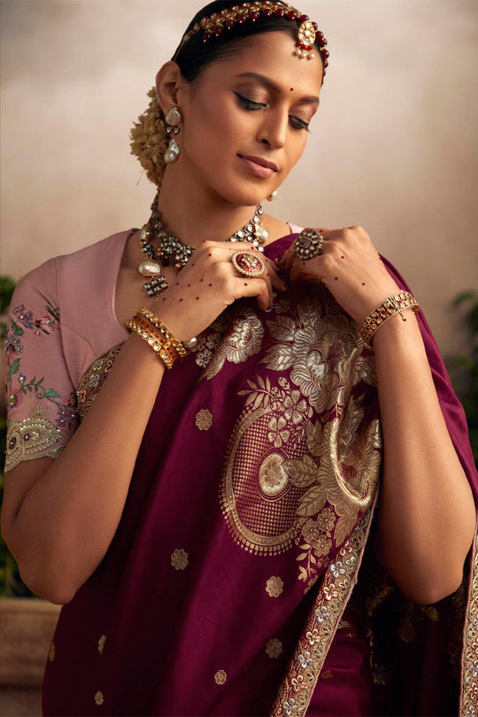 Wine Purple Viscose Dola Silk  Saree With Blouse Piece