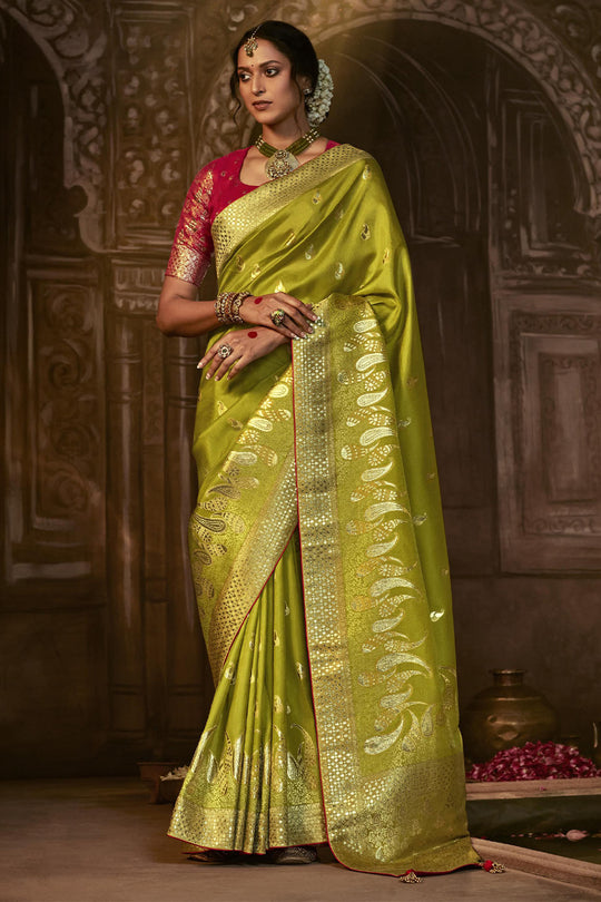 Karagiri Light Green Dola Silk Saree With Blouse Piece