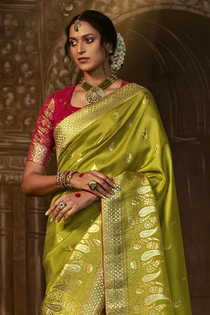 Karagiri Light Green Dola Silk Saree With Blouse Piece