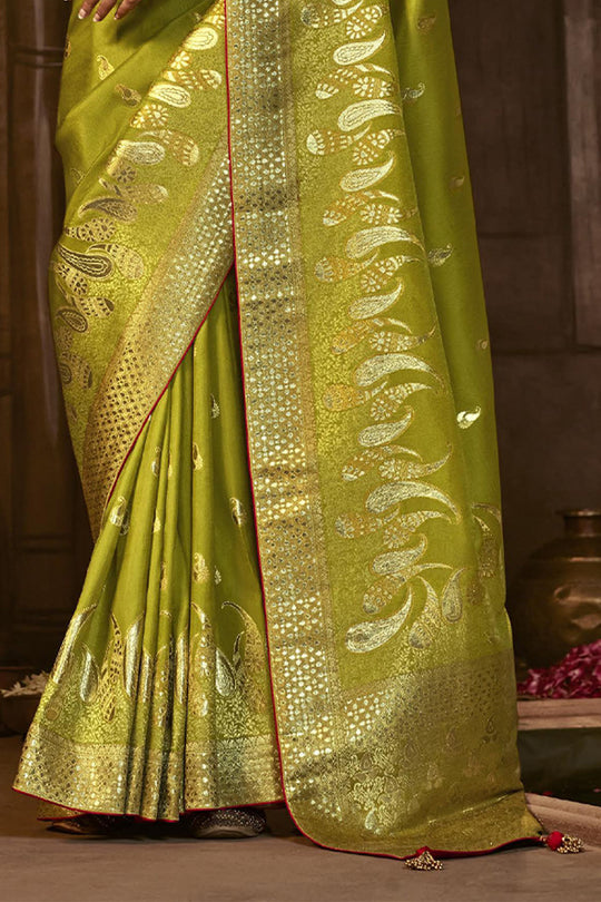 Karagiri Light Green Dola Silk Saree With Blouse Piece