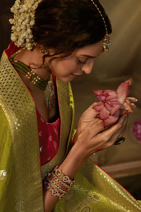 Karagiri Light Green Dola Silk Saree With Blouse Piece