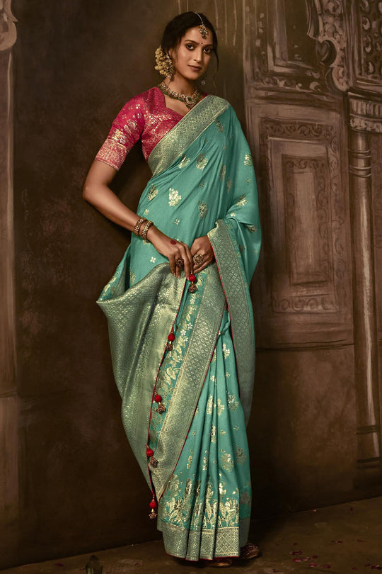Karagiri Sky Blue Dola Silk Saree With Blouse Piece