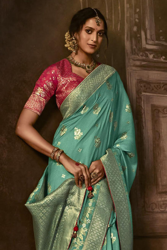 Karagiri Sky Blue Dola Silk Saree With Blouse Piece