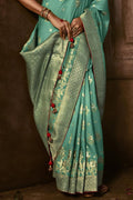 Karagiri Sky Blue Dola Silk Saree With Blouse Piece