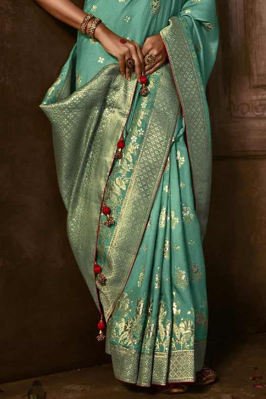 Karagiri Sky Blue Dola Silk Saree With Blouse Piece