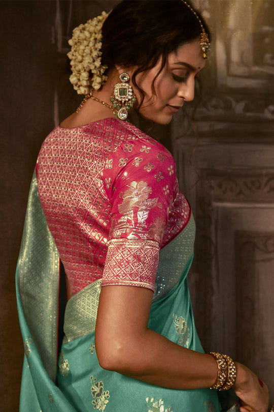 Karagiri Sky Blue Dola Silk Saree With Blouse Piece