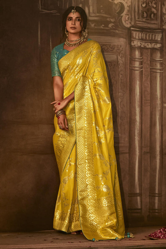 Karagiri Yellow Dola Silk Saree With Blouse Piece