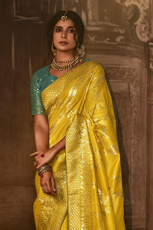 Karagiri Yellow Dola Silk Saree With Blouse Piece