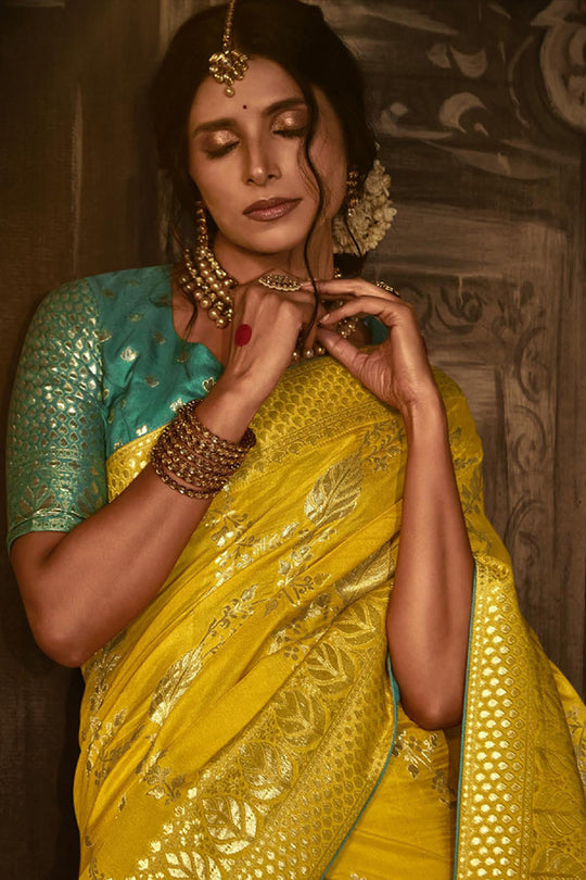 Karagiri Yellow Dola Silk Saree With Blouse Piece