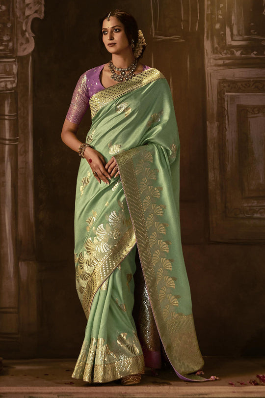 Karagiri Sea Green Dola Silk Saree With Blouse Piece