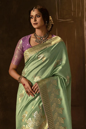 Karagiri Sea Green Dola Silk Saree With Blouse Piece
