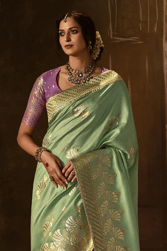 Karagiri Sea Green Dola Silk Saree With Blouse Piece