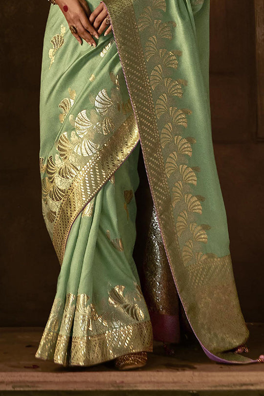 Karagiri Sea Green Dola Silk Saree With Blouse Piece
