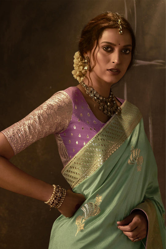 Karagiri Sea Green Dola Silk Saree With Blouse Piece