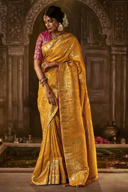 Karagiri Mustard Yellow Dola Silk Saree With Blouse Piece