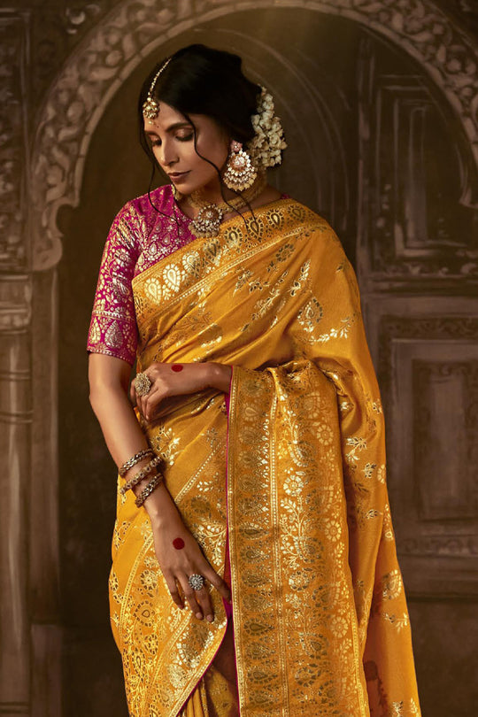 Karagiri Mustard Yellow Dola Silk Saree With Blouse Piece