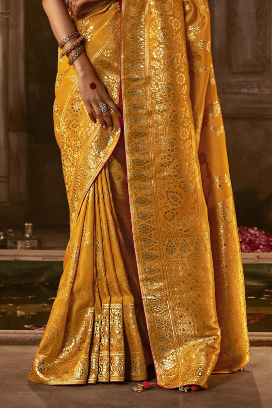 Karagiri Mustard Yellow Dola Silk Saree With Blouse Piece
