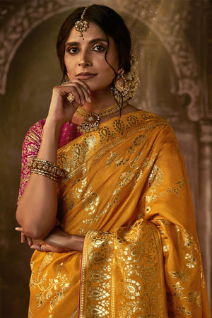 Karagiri Mustard Yellow Dola Silk Saree With Blouse Piece