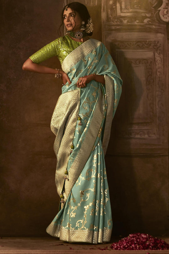 Karagiri Sky Blue Dola Silk Saree With Blouse Piece