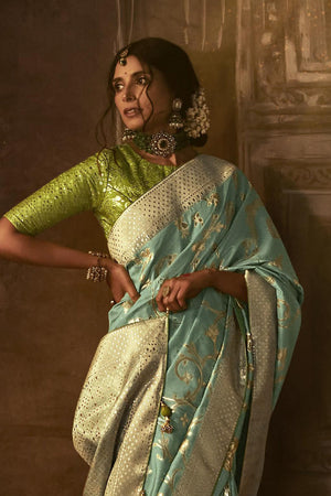 Karagiri Sky Blue Dola Silk Saree With Blouse Piece