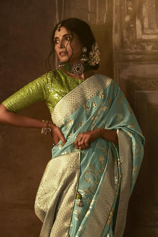 Karagiri Sky Blue Dola Silk Saree With Blouse Piece