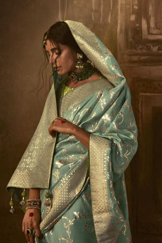 Karagiri Sky Blue Dola Silk Saree With Blouse Piece