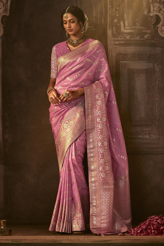 Karagiri Baby Pink Dola Silk Saree With Blouse Piece