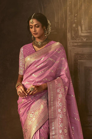 Karagiri Baby Pink Dola Silk Saree With Blouse Piece