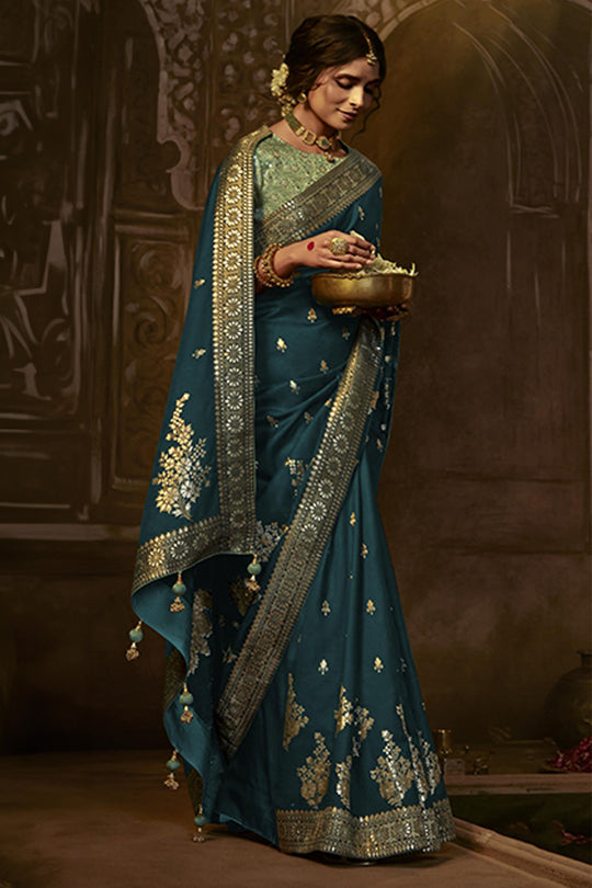 Karagiri Dark Blue Dola Silk Saree With Blouse Piece
