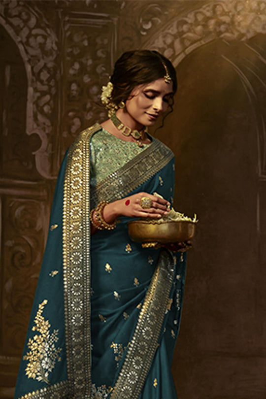 Karagiri Dark Blue Dola Silk Saree With Blouse Piece