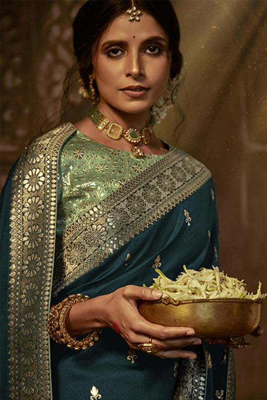 Karagiri Dark Blue Dola Silk Saree With Blouse Piece