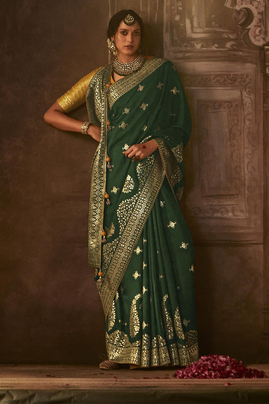 Karagiri Dark Green Dola Silk Saree With Blouse Piece