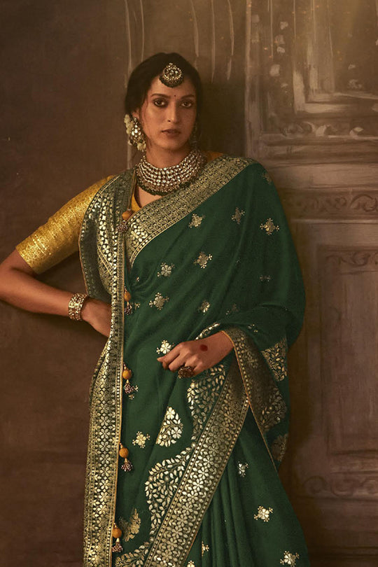 Karagiri Dark Green Dola Silk Saree With Blouse Piece