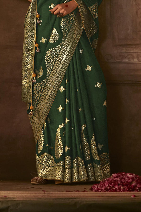 Karagiri Dark Green Dola Silk Saree With Blouse Piece
