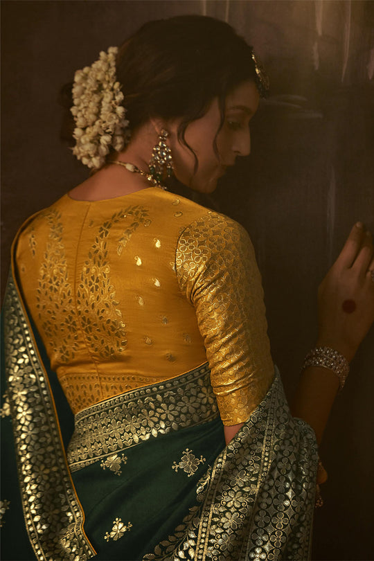 Karagiri Dark Green Dola Silk Saree With Blouse Piece