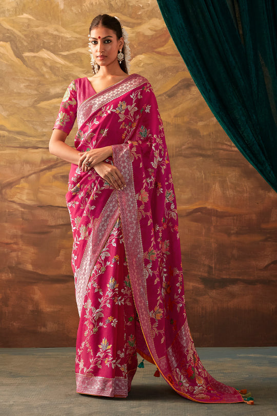 Karagiri Pink Pure Dola Silk Saree With Blouse Piece