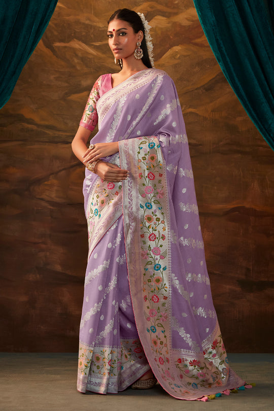 Karagiri Lavender Pure Dola Silk Saree With Blouse Piece
