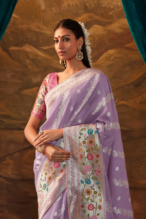 Karagiri Lavender Pure Dola Silk Saree With Blouse Piece