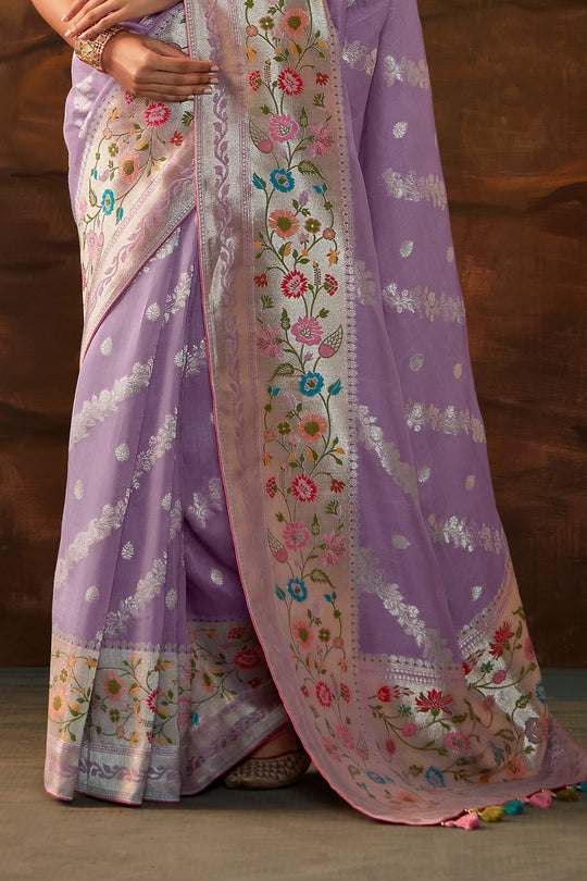 Karagiri Lavender Pure Dola Silk Saree With Blouse Piece