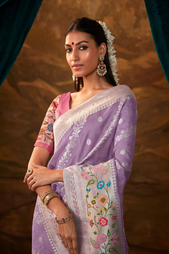 Karagiri Lavender Pure Dola Silk Saree With Blouse Piece