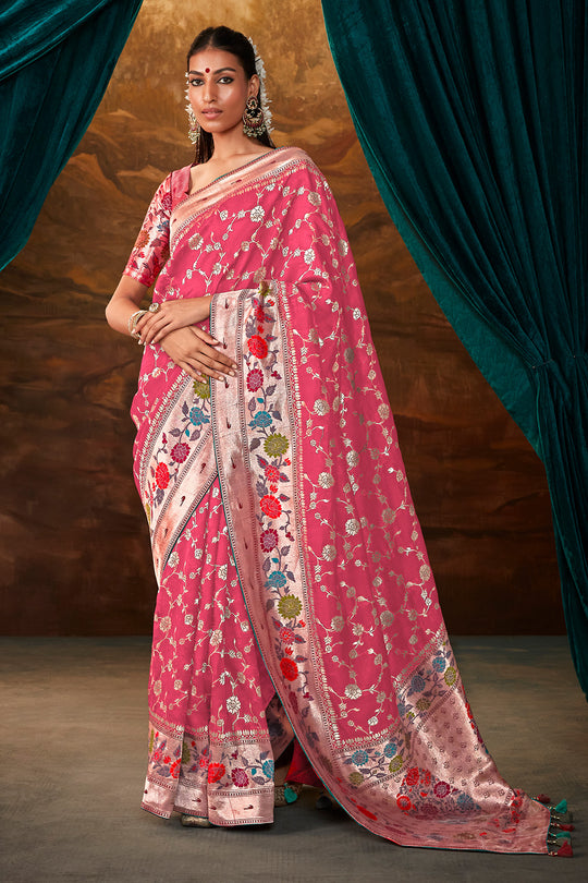 Karagiri Pink Pure Dola Silk Saree With Blouse Piece