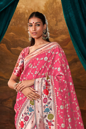 Karagiri Pink Pure Dola Silk Saree With Blouse Piece