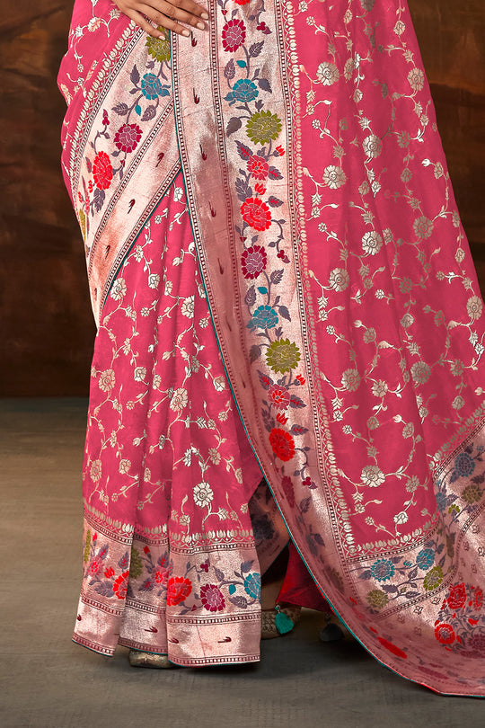 Karagiri Pink Pure Dola Silk Saree With Blouse Piece