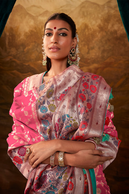 Karagiri Pink Pure Dola Silk Saree With Blouse Piece