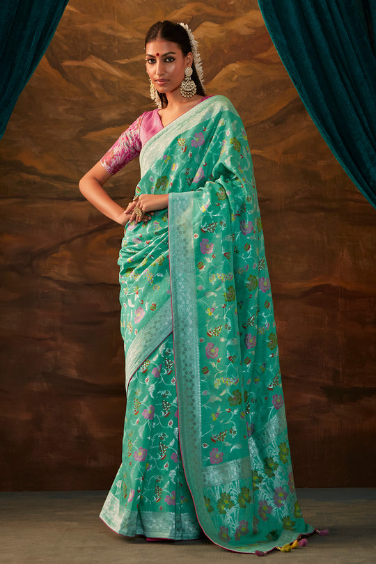 Karagiri Sky Blue Pure Dola Silk Saree With Blouse Piece