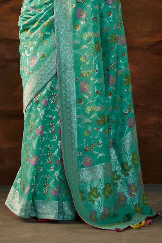 Karagiri Sky Blue Pure Dola Silk Saree With Blouse Piece