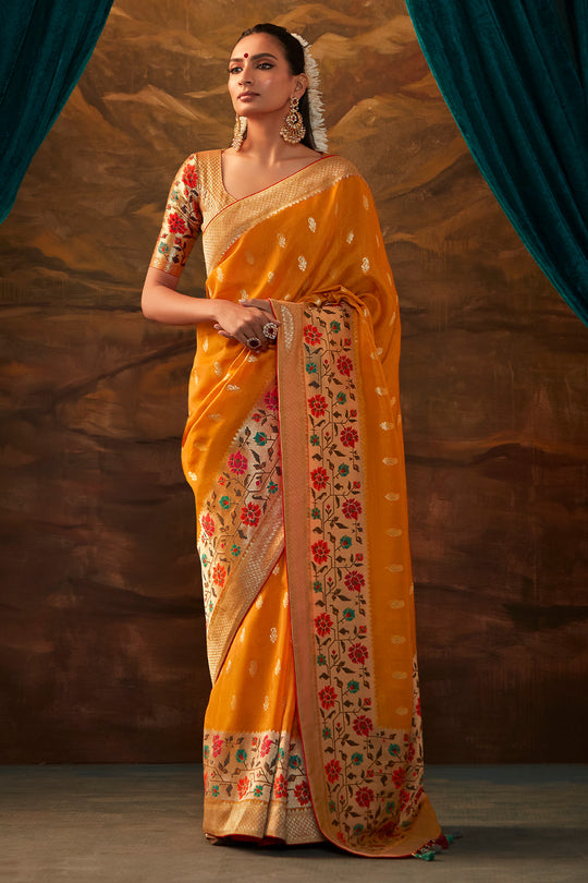 Karagiri Orange Pure Dola Silk Saree With Blouse Piece