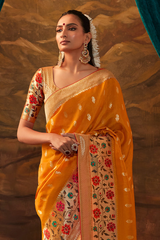 Karagiri Orange Pure Dola Silk Saree With Blouse Piece