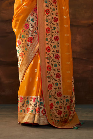 Karagiri Orange Pure Dola Silk Saree With Blouse Piece