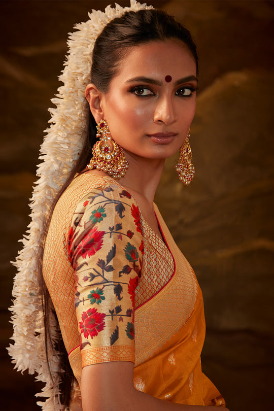 Karagiri Orange Pure Dola Silk Saree With Blouse Piece